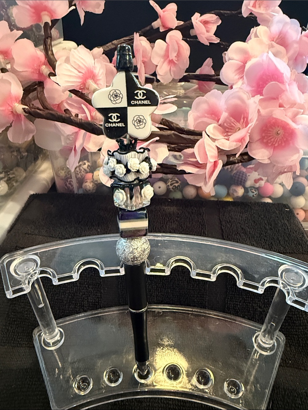 CHANEL Black and White Decorative Pen with Floral Accents